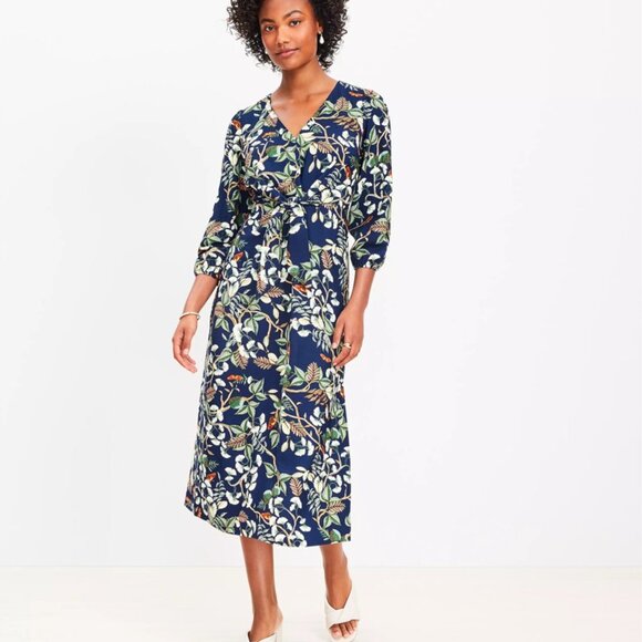 Loft Petite Leafed Tie Front Midi Dress Office Casual Size 00 - Picture 1 of 13